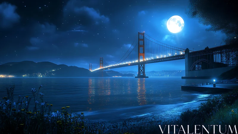 Suspension bridge spans moonlit bay under clear night sky