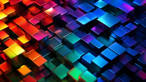 Chromatic metallic cubes in dynamic 3D geometric grid.