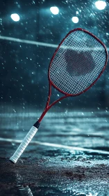 Badminton racket in rain on floodlit court with heart shadow