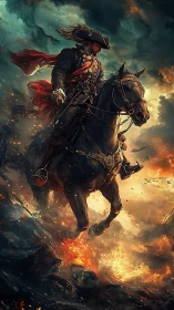 Mounted officer crossing burning battlefield under storm clouds.