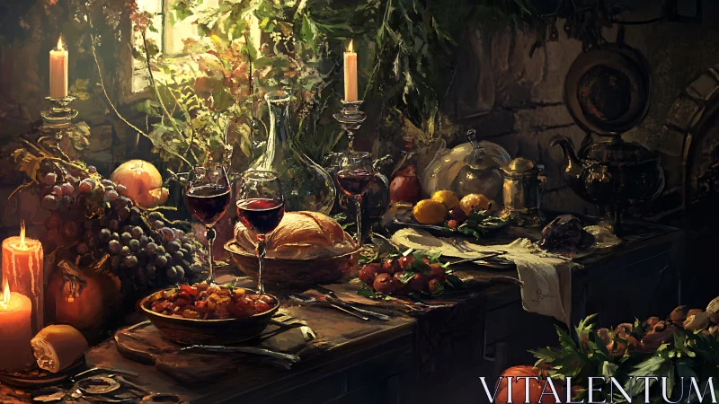 Rustic candlelit feast tableau with wine, bread, and harvest produce.