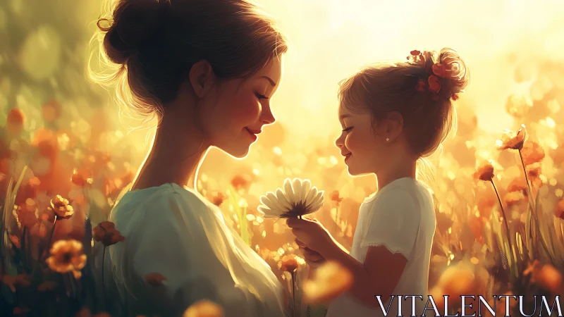 Mother and Daughter in Golden Flower Field at Sunset.