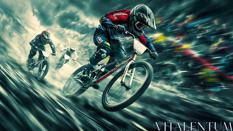 Downhill BMX racers exploding through cinematic motion blur.