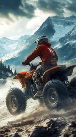 Rider maneuvers quad bike across rocky terrain below mountains