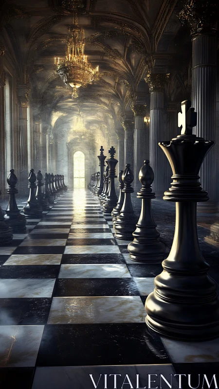 Chess pieces aligned in ornate corridor with checkered floor.