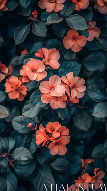 Coral Flowers Against Deep Teal Foliage.