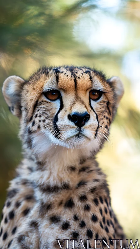 Juvenile cheetah portrait under soft bokeh forest light.
