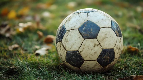 Weathered soccer ball on grass in shallow depth of field.
