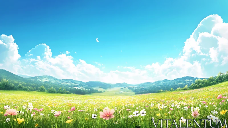 Flowered meadow with distant hills under clear daylight sky.