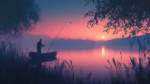 Quiet lakeside sunset with a lone boat and gentle angler.
