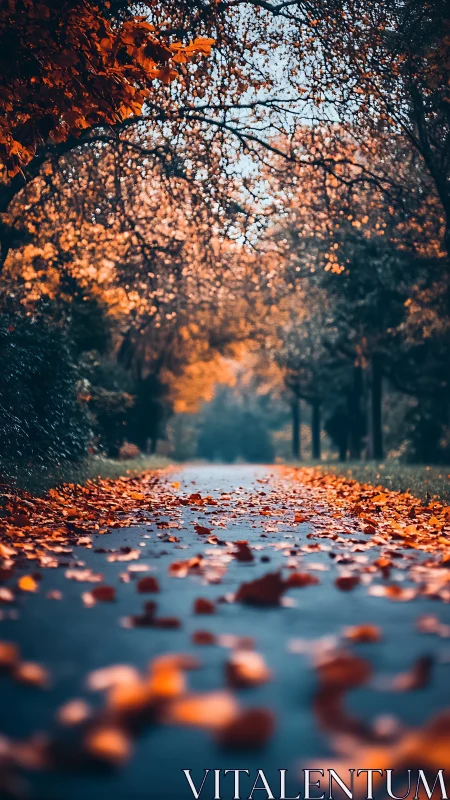 Golden autumn path glows softly beneath an arch of leaves