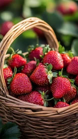 Wicker basket filled with ripe strawberries outdoors.