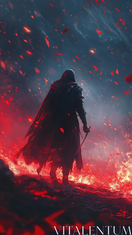 Hooded warrior stands over molten ground in red embers.