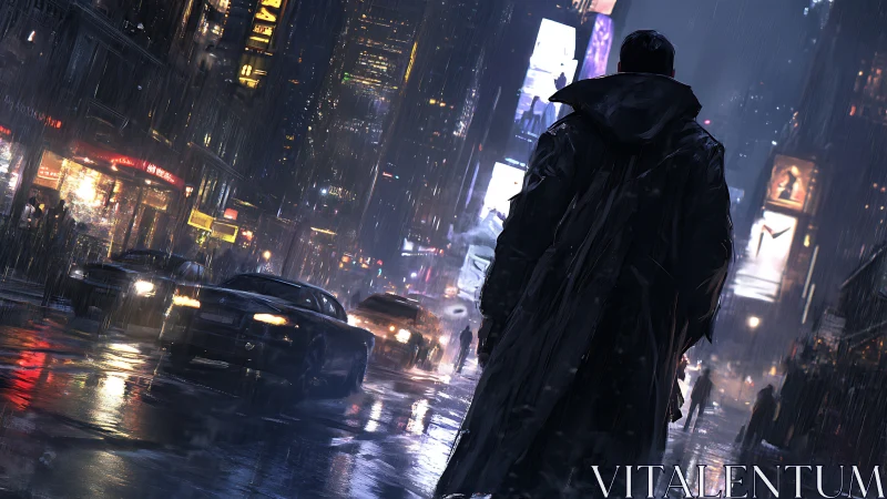 Lone figure in rain-soaked neon city avenue at night.