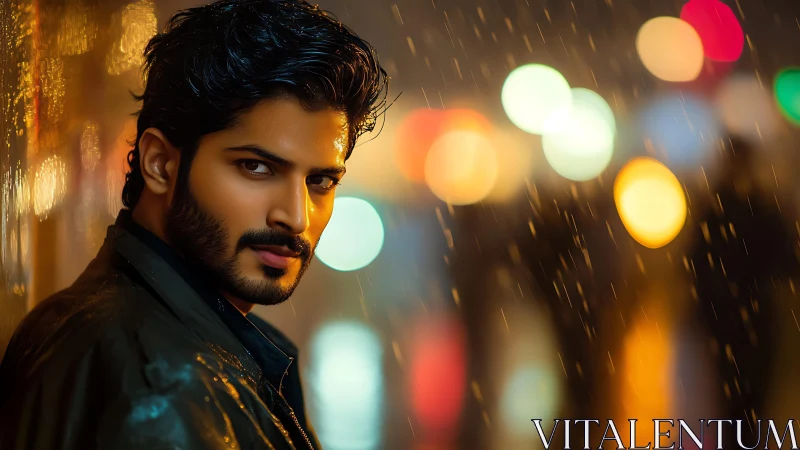 Moody urban portrait in neon rain with intense gaze.