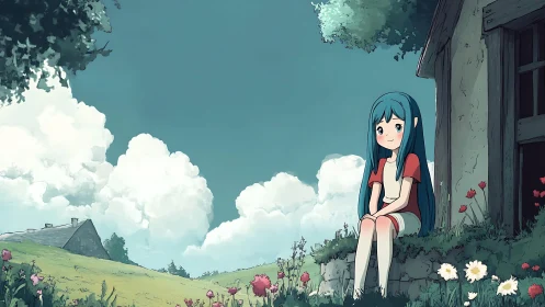 Girl seated by rustic house in bright rural landscape.