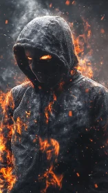 Mysterious hooded figure wrapped in glowing flames and cinders.