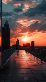 Rooftop skyline reflects vivid sunset over wet city terrace