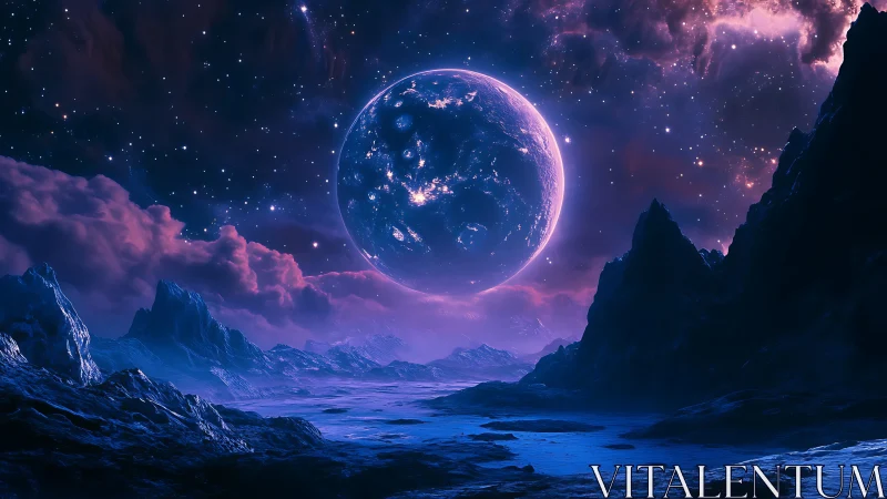 Digital painting of bioluminescent exoplanet over alien ridge.