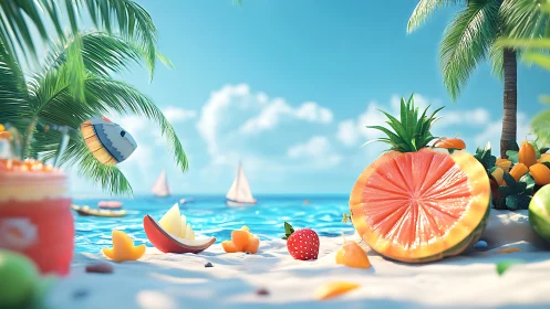 Tropical fruit beachscape glows under bright summer skies.
