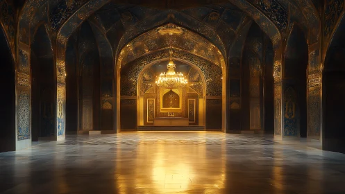 Parametric gold light in vaulted Persian-inspired prayer hall.