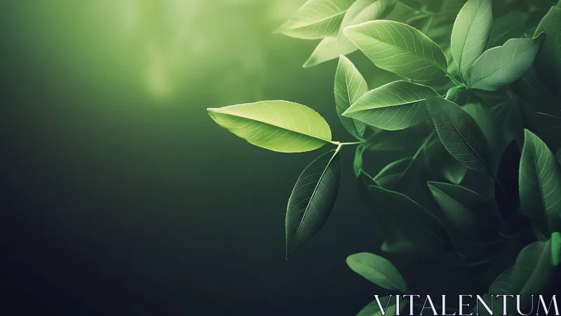Single bright green leaf on branch against dark background.