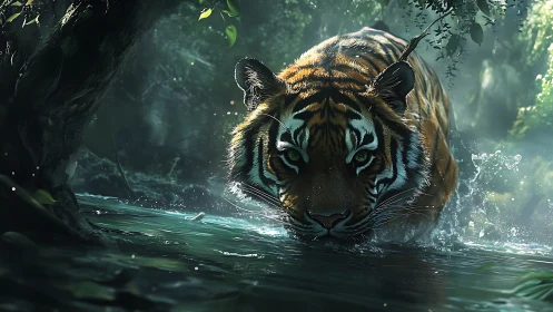 Cinematic digital tiger advances through luminous jungle stream