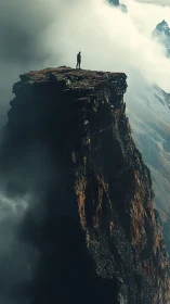 Solitary dreamer poised on a storm-wrapped mountain brink.
