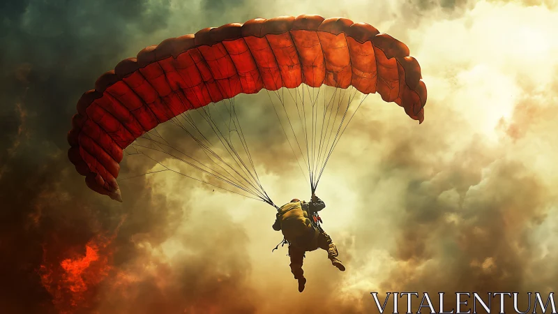 Parachutist descends under blazing red canopy through storm clouds.