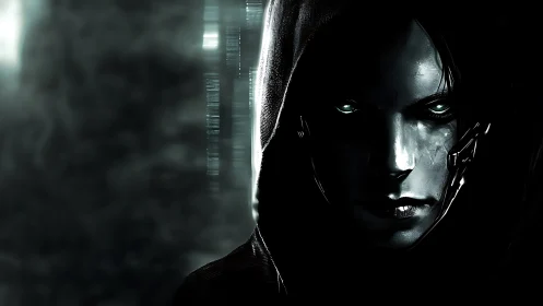 Hooded cyber specter with neon eyes in digital shadow.
