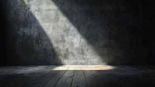 Empty dark room with single beam of light on wooden floor.