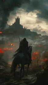 Armored rider surveys burning citadel under storm-laden sky