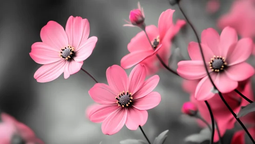 Pink Cosmos Dancers Twirl Against Monochrome Enchantment