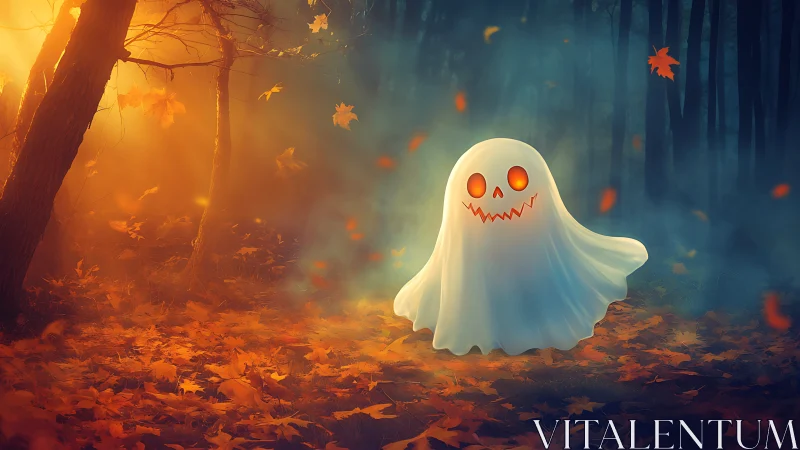 Friendly glowing ghost wandering through a golden autumn forest.
