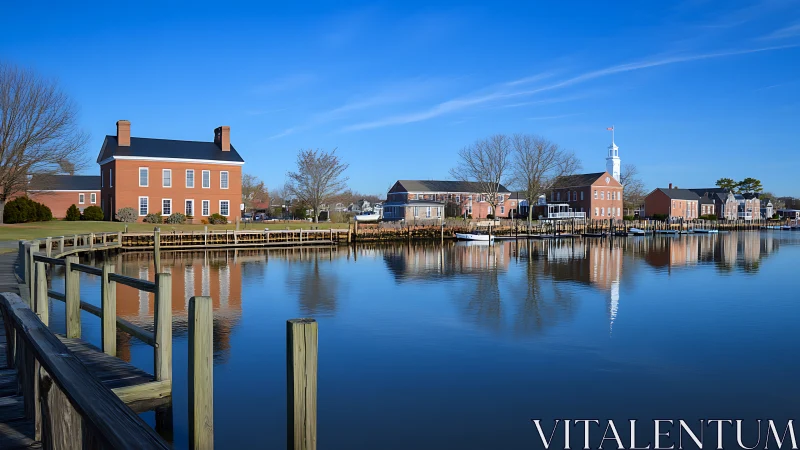 Waterfront Colonial Architecture with Mirror Lake Reflection.