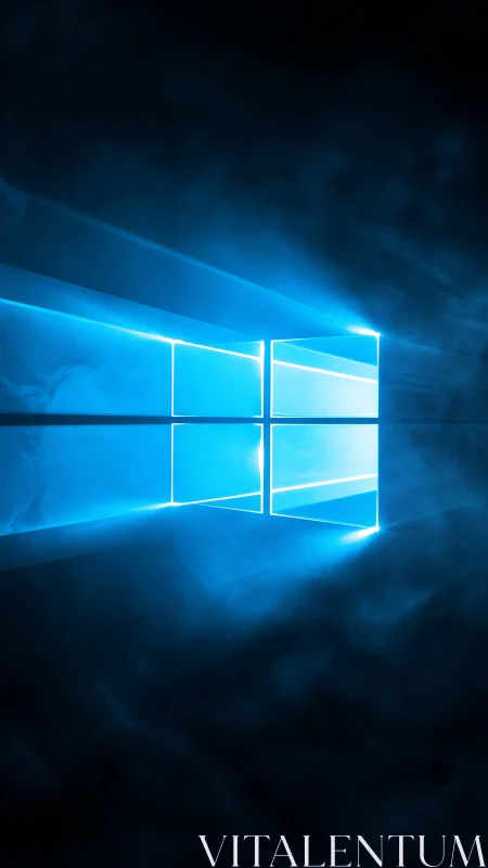 Glowing blue window logo cuts through dark digital mist