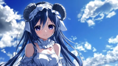 Horned anime girl under vivid blue summer sky.