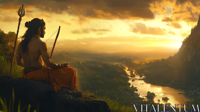Digital painting of meditative archer above luminous river valley.