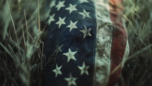 Weathered American flag resting in muted wild grass field.