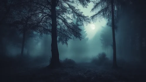 Moonlit foggy forest under deep blue night sky.