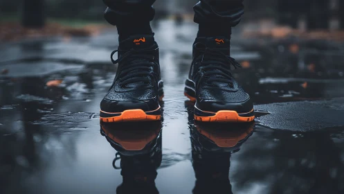 Photorealistic urban sneaker close-up on reflective wet asphalt.