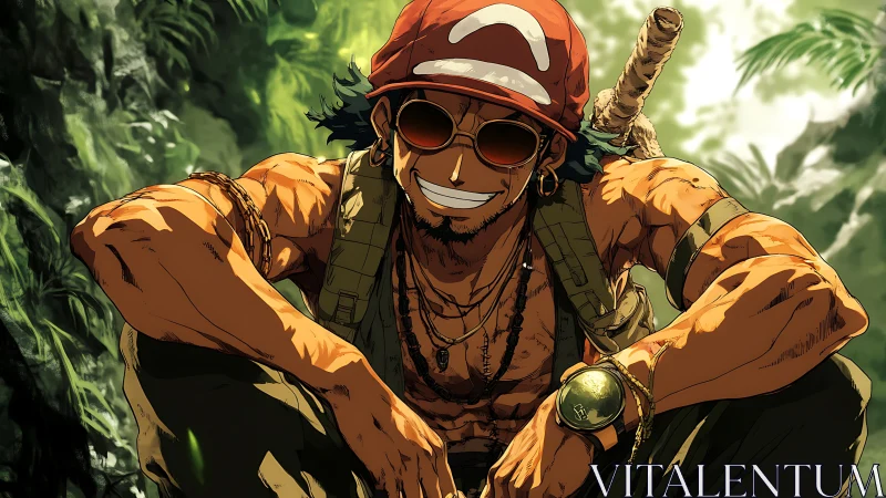 Sunlit jungle drifter laughs with treasure-map confidence