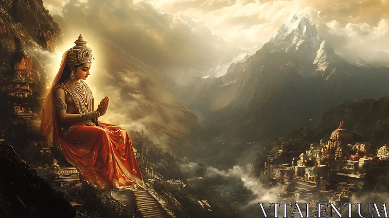 Mythic mountain goddess overlooking luminous valley citadel.