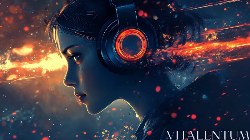 Focused woman in headphones amid abstract fiery streaks.