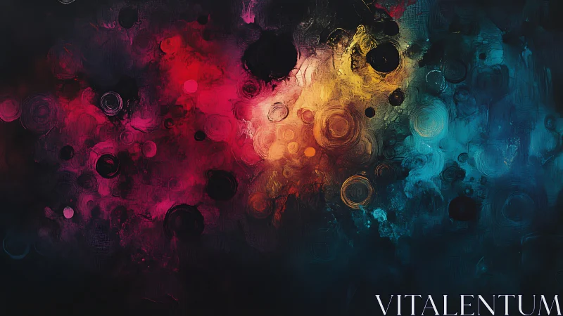 Abstract circular light patterns in red, yellow and blue field.