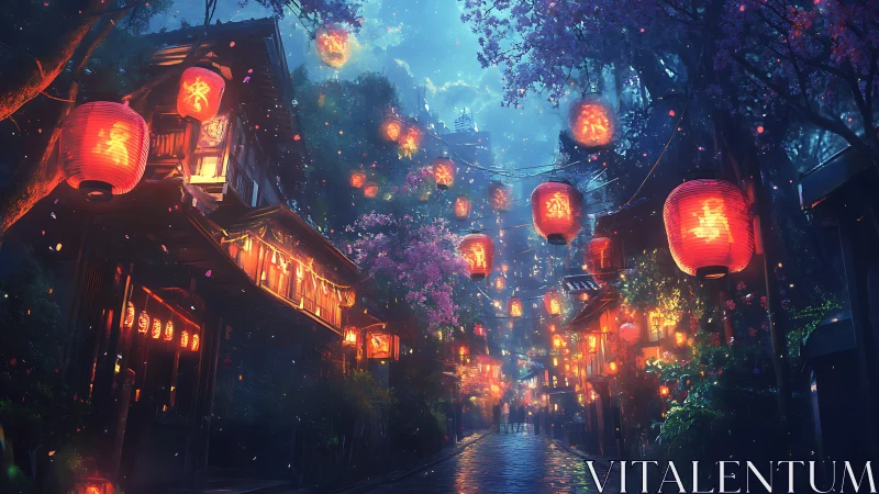 Lantern-lit urban alley with traditional buildings at dusk.