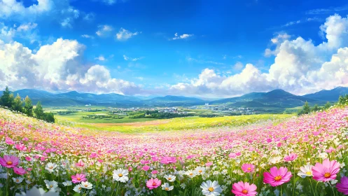 Vast flower meadow under clear blue sky and clouds.