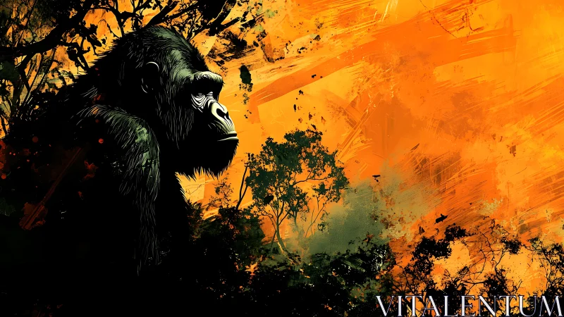Brooding gorilla silhouette against fiery jungle sky.