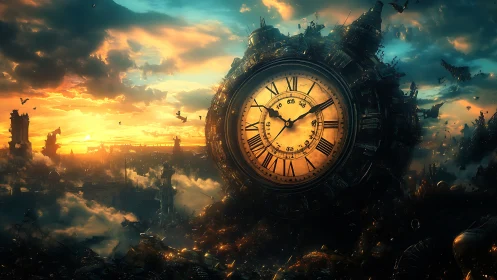 Titan clock dominates burning postapocalyptic wasteland dusk.
