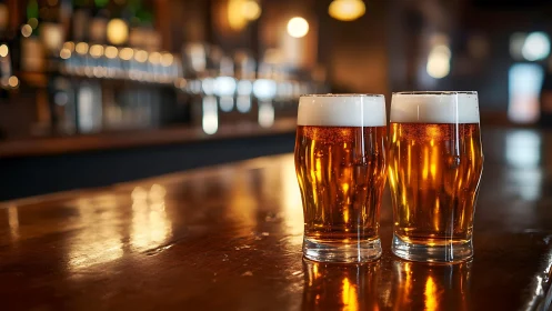 Twin pint glasses of golden draft beer on polished bar counter